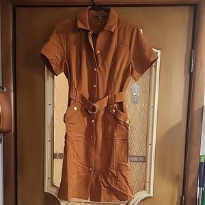 Sharagano Rust Button-Up Dress with Gold Accents